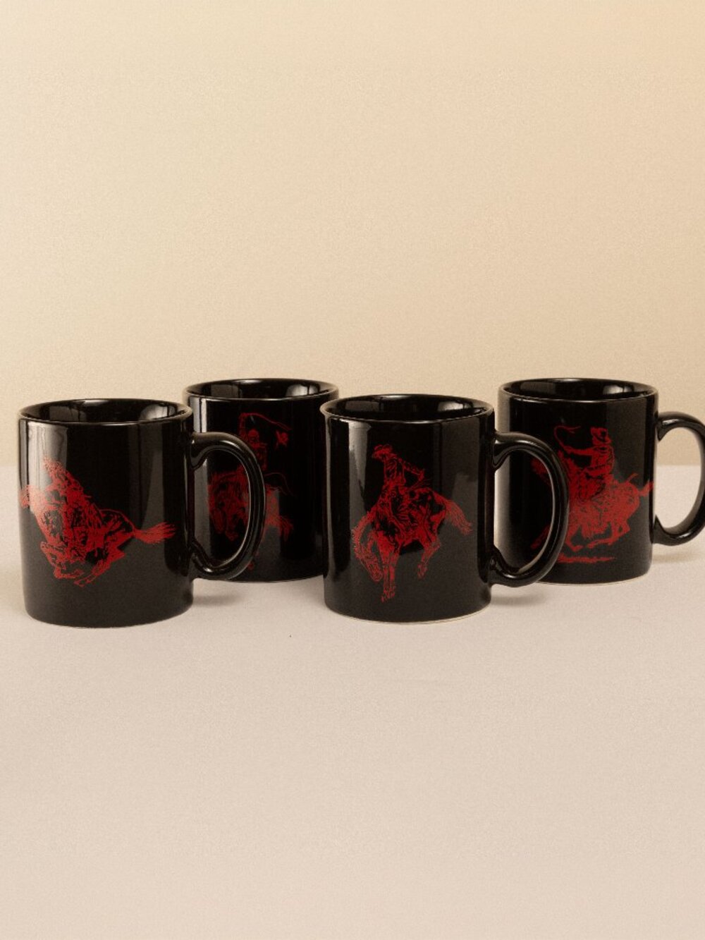 VTG 90s Marlboro Black Red Cowboy Mugs Set of 4 Western Graphic
